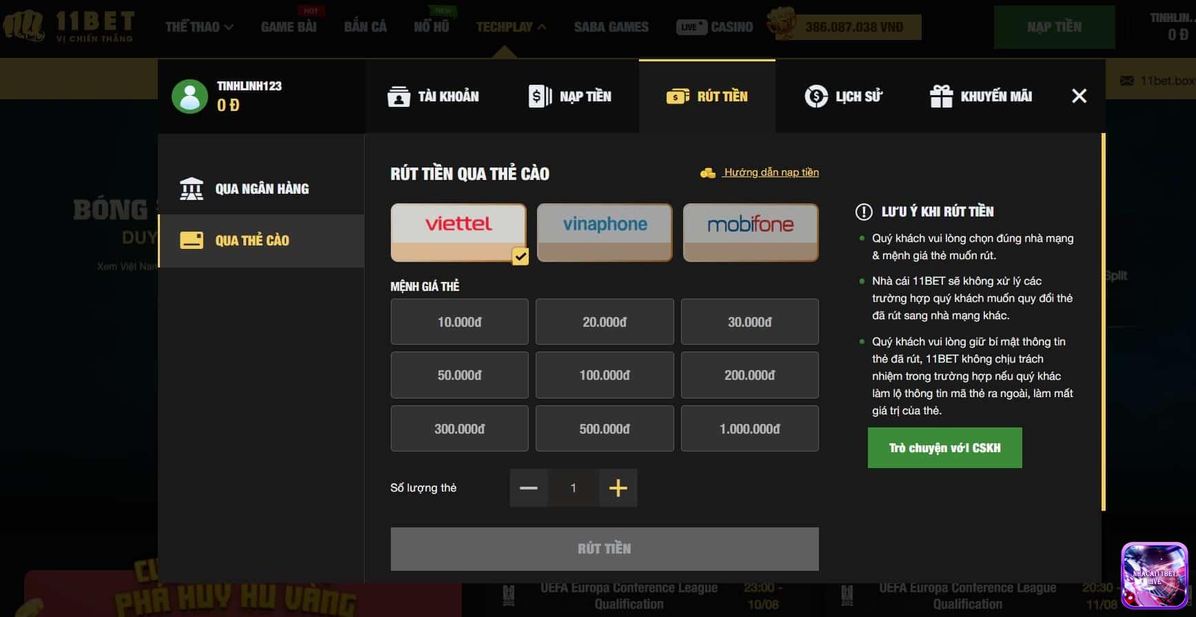 Hướng dẫn rút tiền 11Bet qua thẻ cào điện thoại