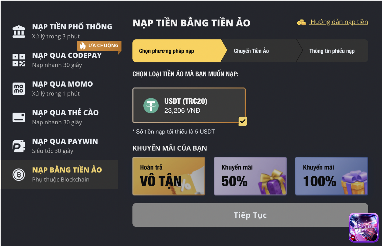Nạp tiền 11Bet bằng tiền ảo 