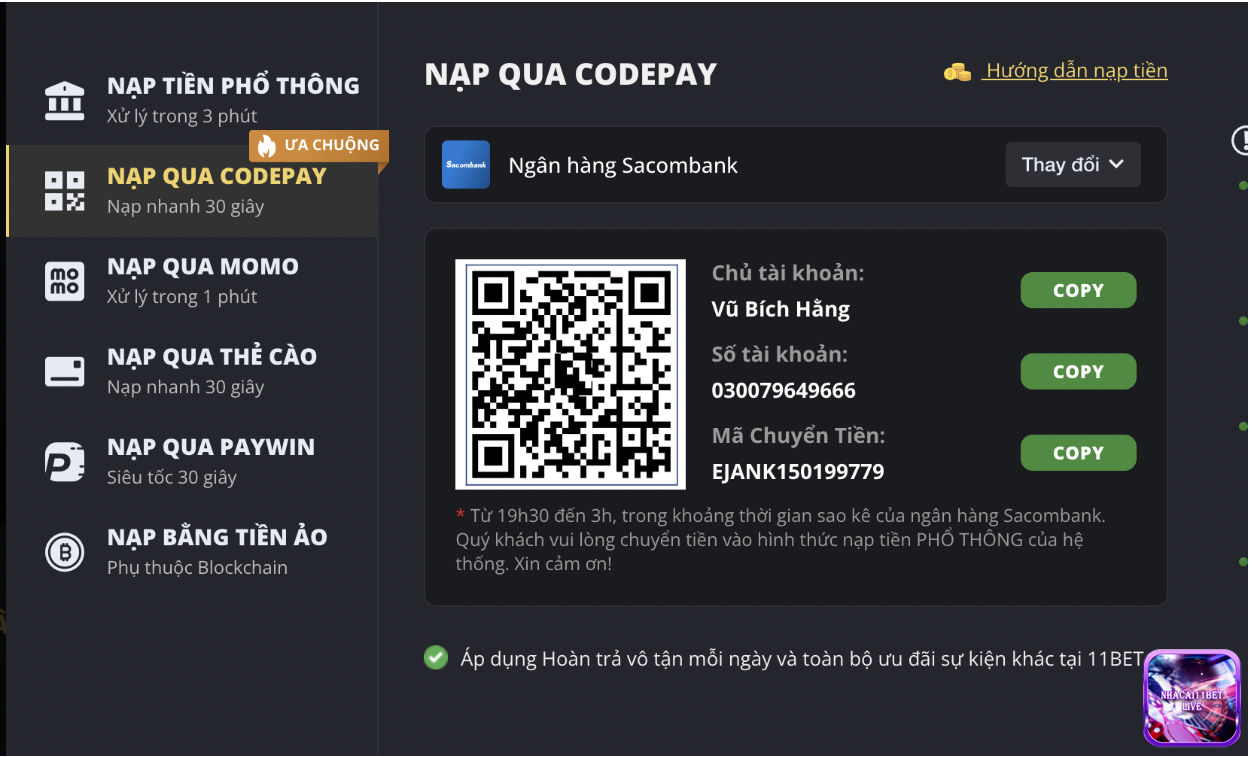 Nạp tiền 11Bet qua codepay